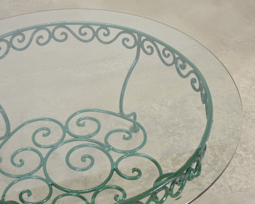 O.W. Lee American Regency Style Wrought Iron and Glass Scrolled Garden Table