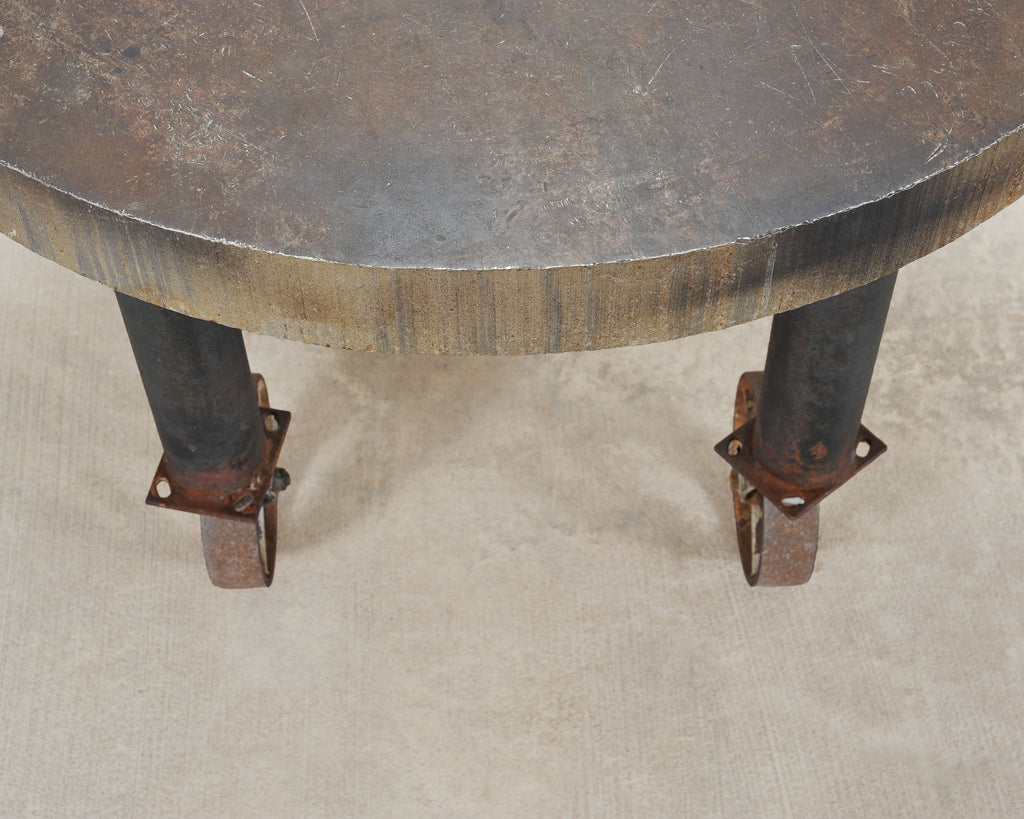 Industrial Style Round Machined Iron Center Table on Casters
