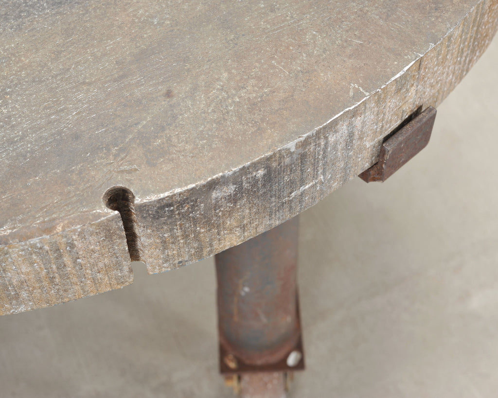 Industrial Style Round Machined Iron Center Table on Casters