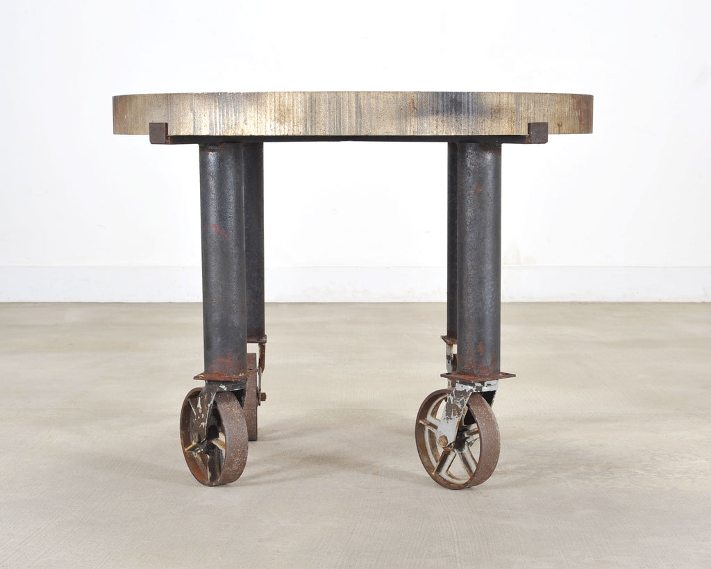 Industrial Style Round Machined Iron Center Table on Casters