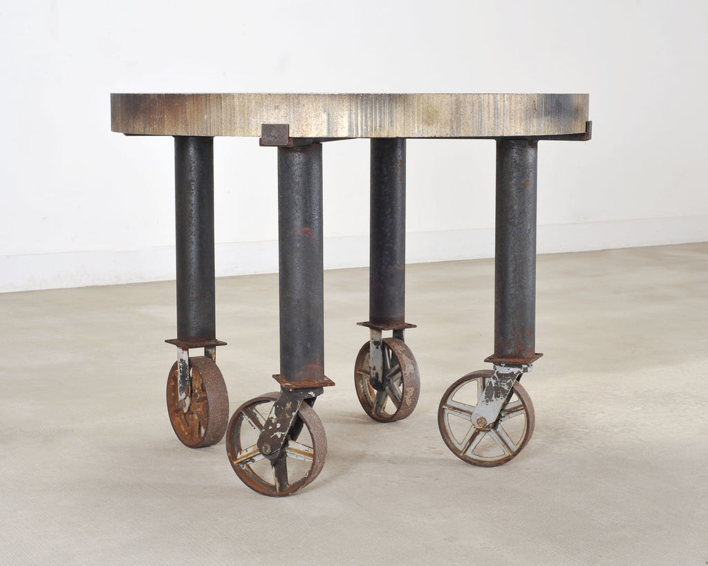 Industrial Style Round Machined Iron Center Table on Casters