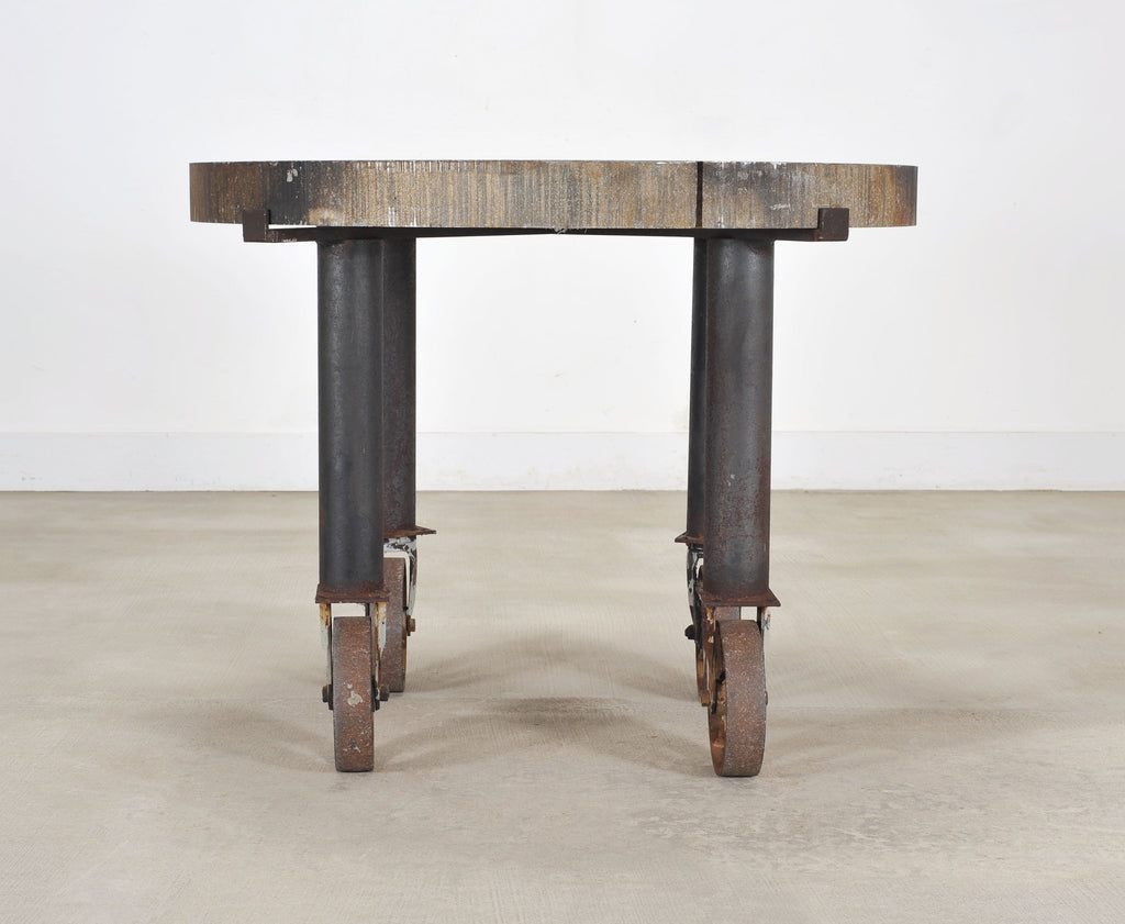 Industrial Style Round Machined Iron Center Table on Casters
