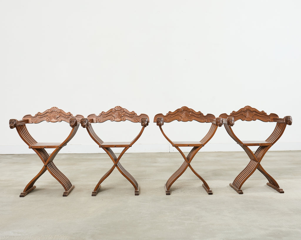 Set of Four Italian Baroque Lion Head Savonarola Chairs