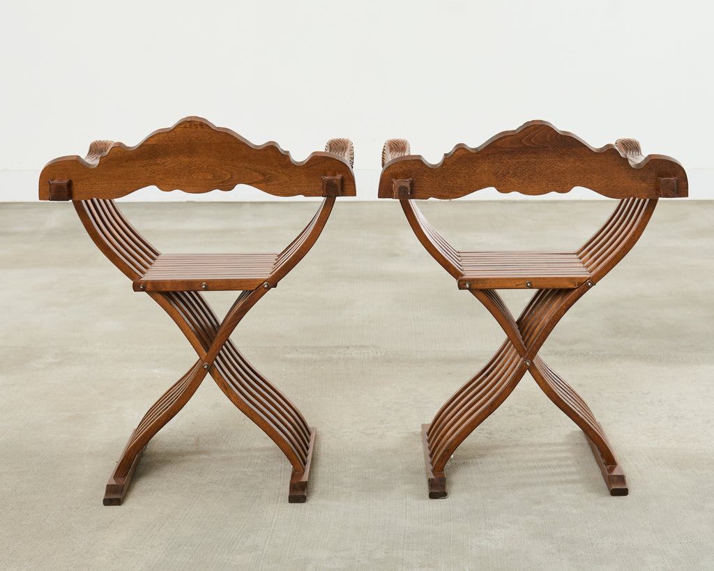 Set of Four Italian Baroque Lion Head Savonarola Chairs