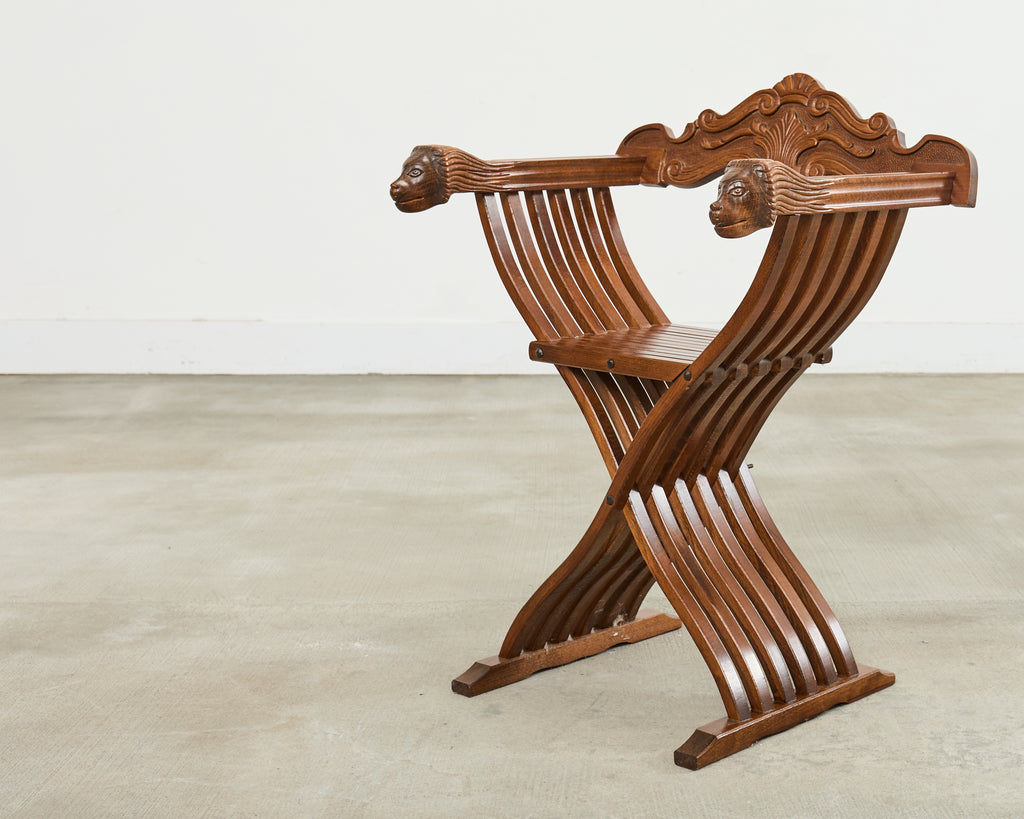 Set of Four Italian Baroque Lion Head Savonarola Chairs