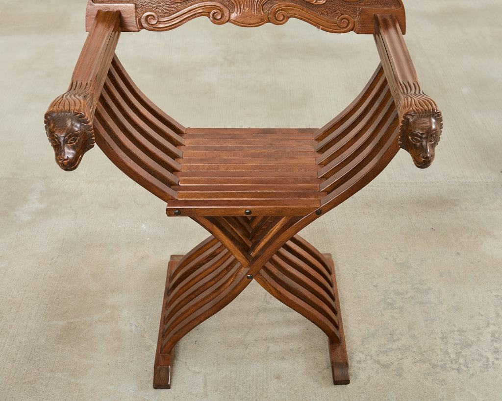 Set of Four Italian Baroque Lion Head Savonarola Chairs