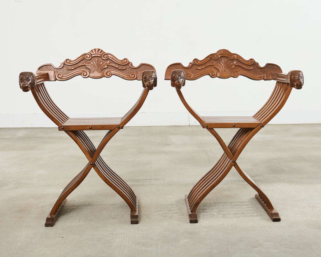 Set of Four Italian Baroque Lion Head Savonarola Chairs