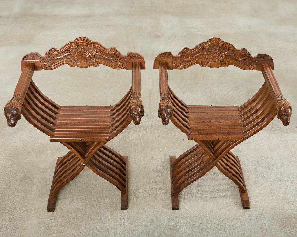 Set of Four Italian Baroque Lion Head Savonarola Chairs