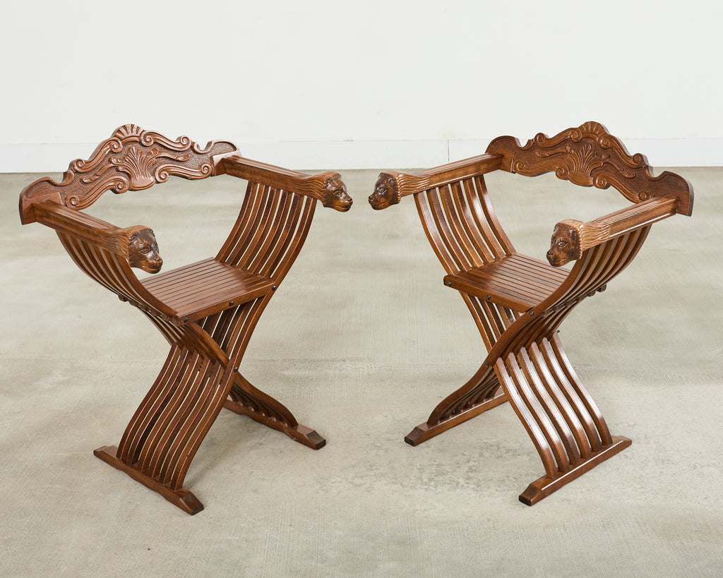 Set of Four Italian Baroque Lion Head Savonarola Chairs