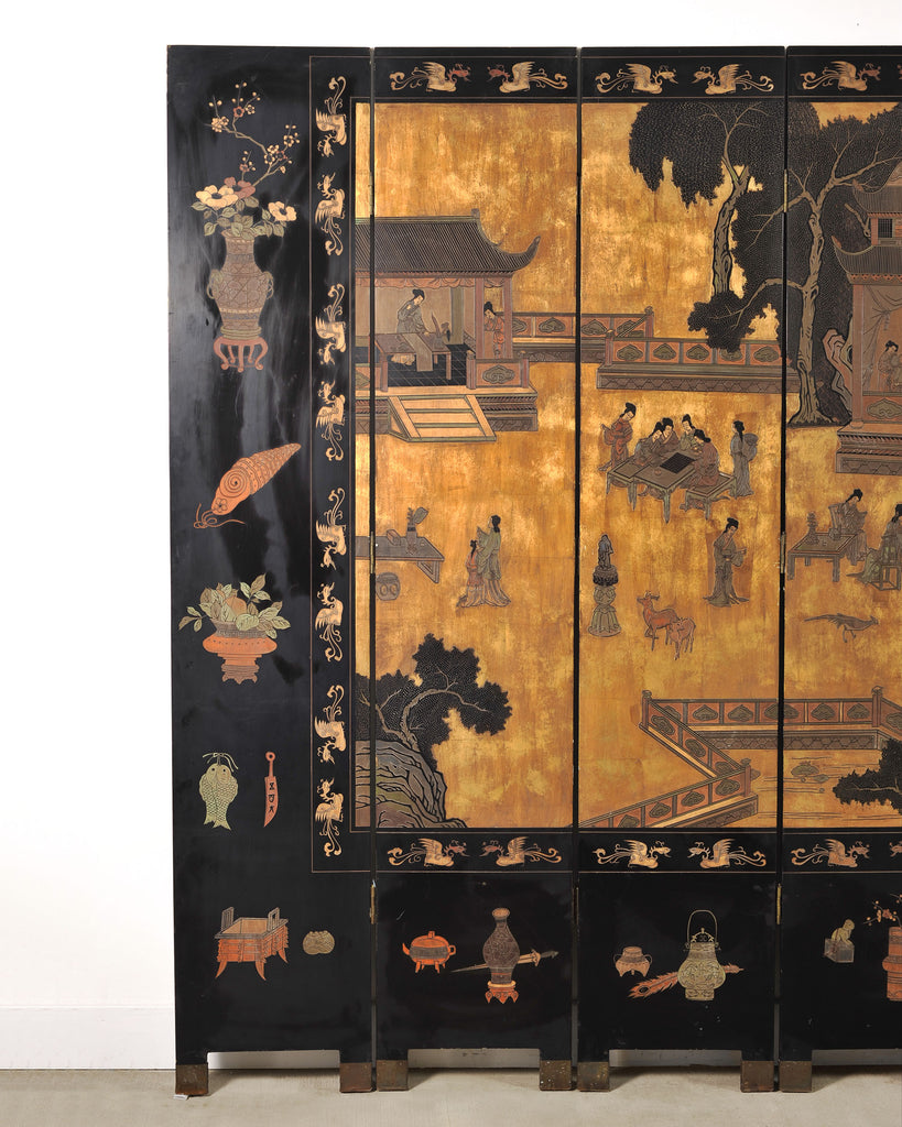 Chinese Export Eight-Panel Coromandel Screen Gilt Pavilion 10 Ft