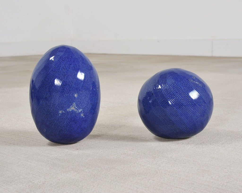Set of Blue Glazed Ceramic Garden Egg Sculptures after Jun Kaneko