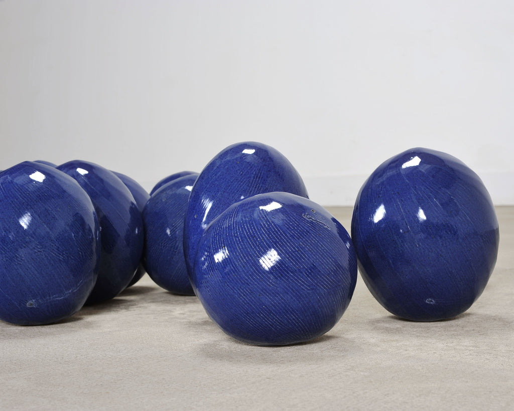 Set of Blue Glazed Ceramic Garden Egg Sculptures after Jun Kaneko