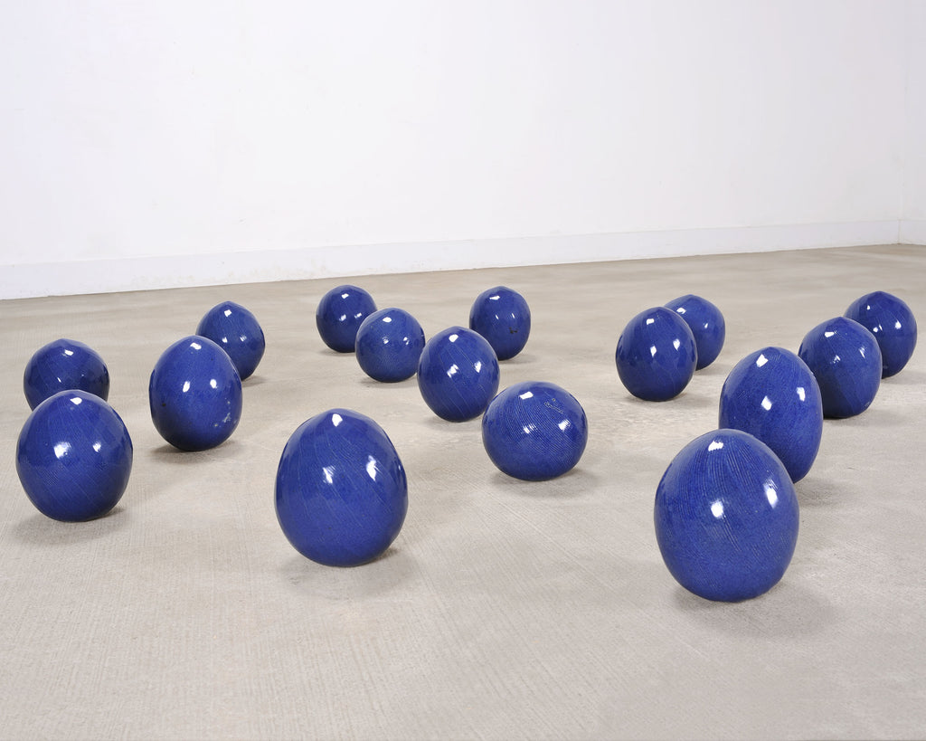 Set of Blue Glazed Ceramic Garden Egg Sculptures after Jun Kaneko