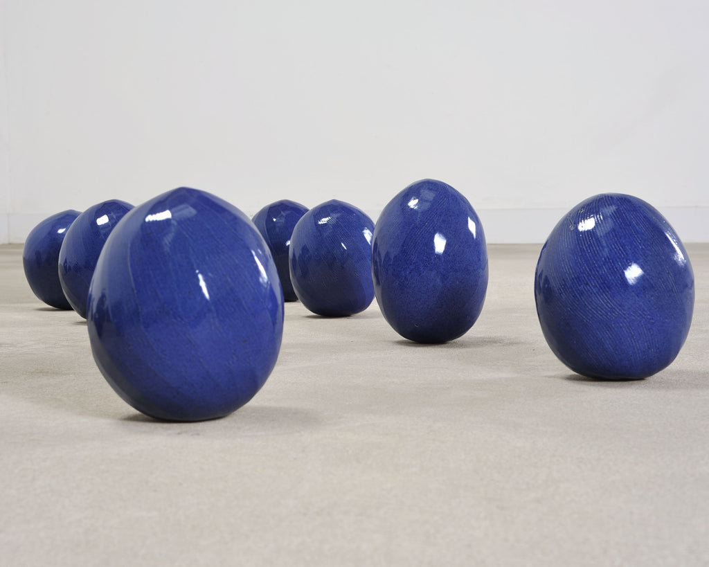 Set of Blue Glazed Ceramic Garden Egg Sculptures after Jun Kaneko