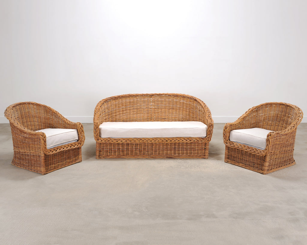 Suite of Michael Taylor Style Rattan Wicker Chairs and Sofa