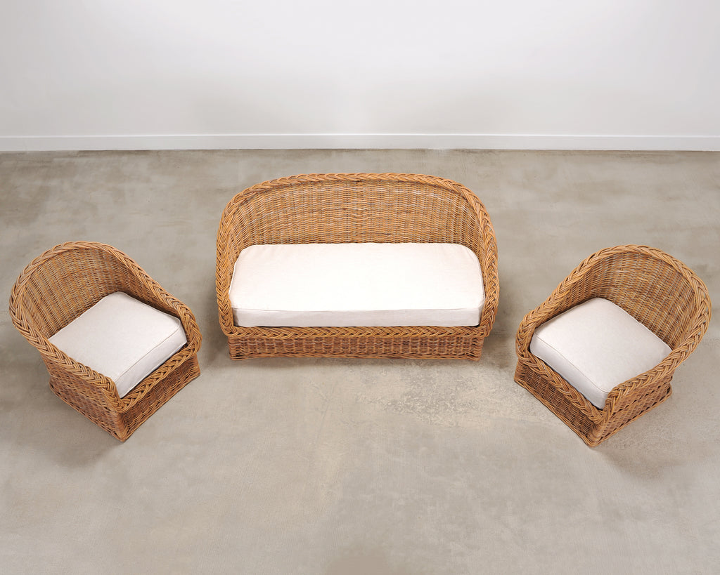 Suite of Michael Taylor Style Rattan Wicker Chairs and Sofa