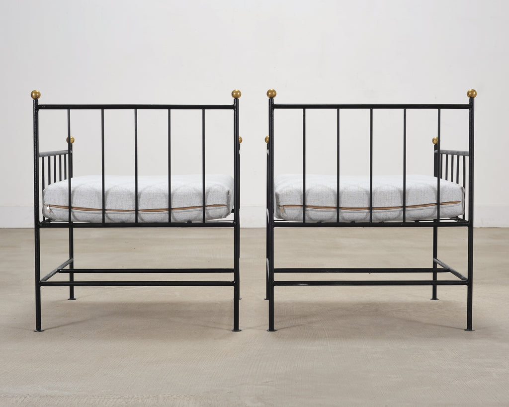 Set of Four French Modernist Iron Brass Ball Finial Lounge Chairs