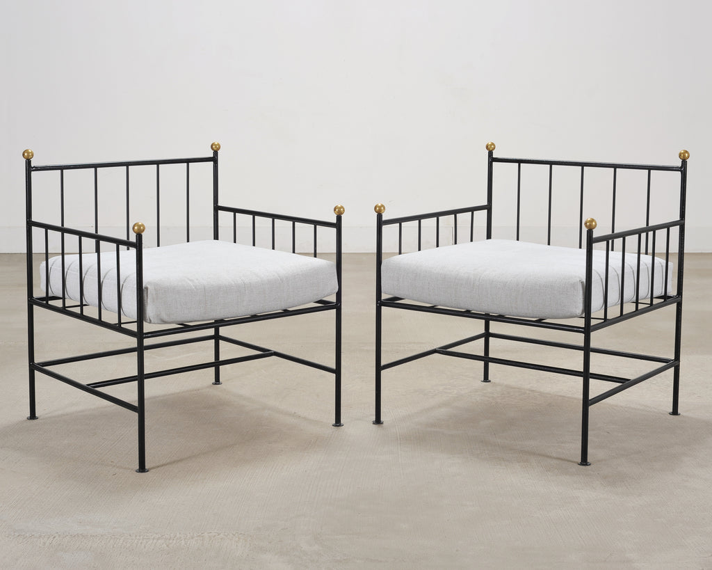 Set of Four French Modernist Iron Brass Ball Finial Lounge Chairs