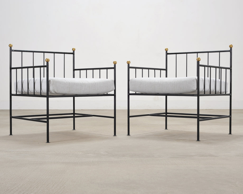 Set of Four French Modernist Iron Brass Ball Finial Lounge Chairs