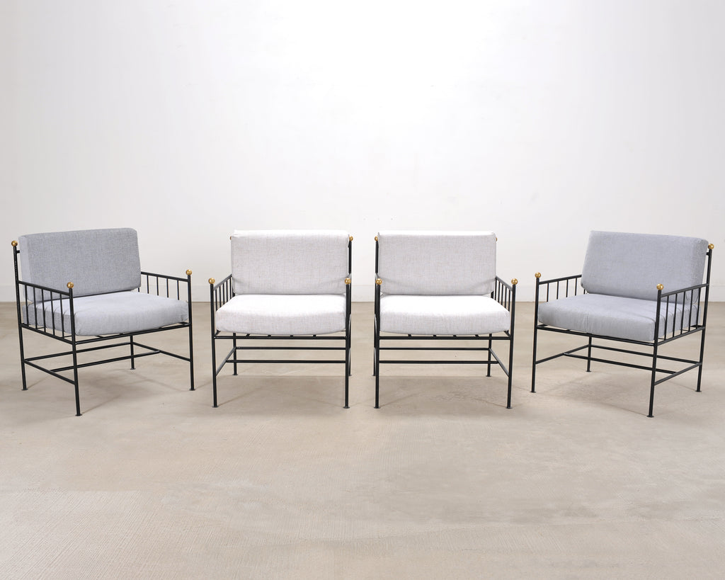 Set of Four French Modernist Iron Brass Ball Finial Lounge Chairs