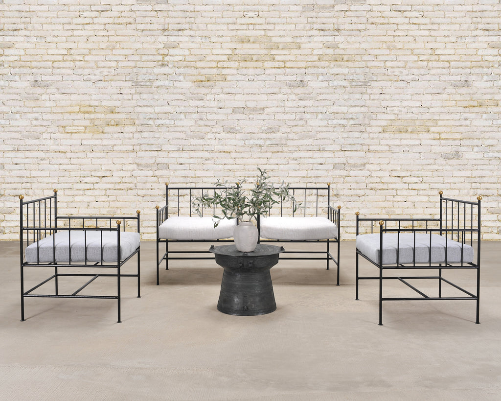 Set of Four French Modernist Iron Brass Ball Finial Lounge Chairs