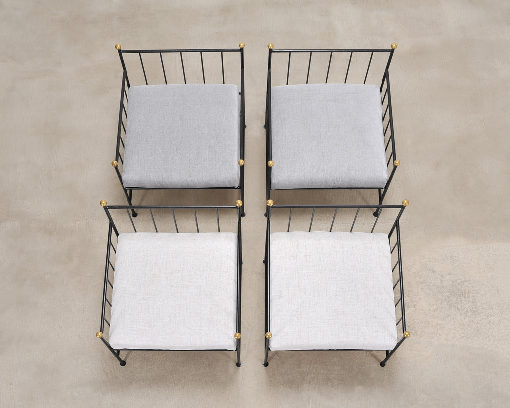 Set of Four French Modernist Iron Brass Ball Finial Lounge Chairs