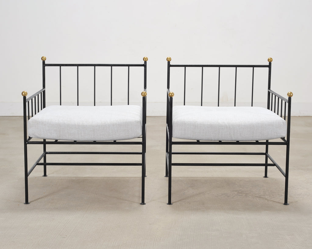 Set of Four French Modernist Iron Brass Ball Finial Lounge Chairs