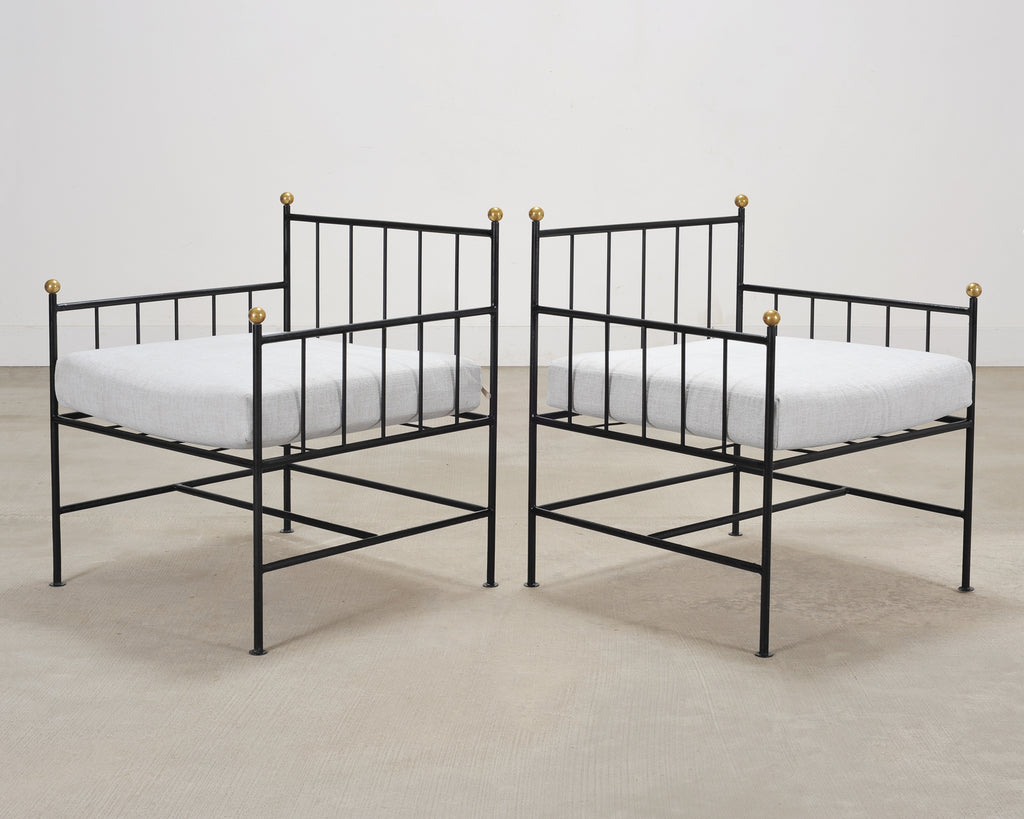 Set of Four French Modernist Iron Brass Ball Finial Lounge Chairs