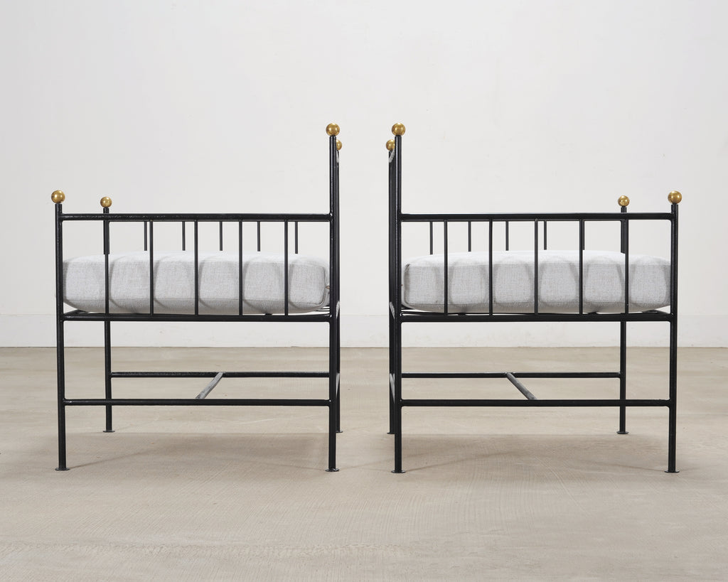 Set of Four French Modernist Iron Brass Ball Finial Lounge Chairs