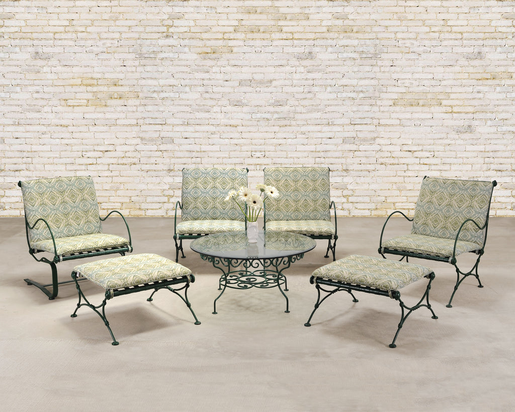 Set of Four O.W. Lee Iron Garden Lounge Chairs and Two Ottomans