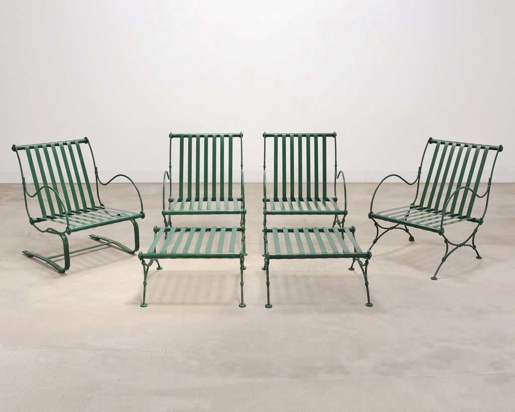 Set of Four O.W. Lee Iron Garden Lounge Chairs and Two Ottomans