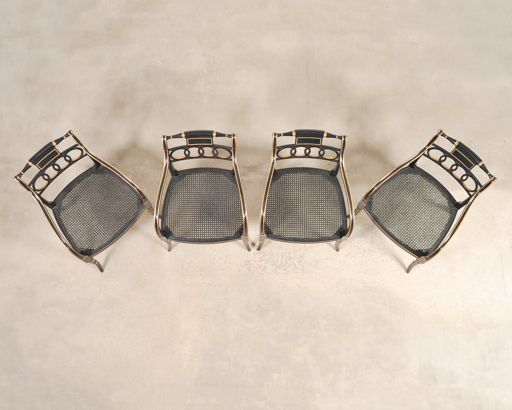Set of Four Baker “Governor Alston” Cane Ebonized Dining Chairs