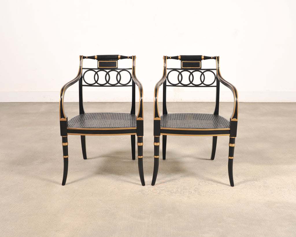 Set of Four Baker “Governor Alston” Cane Ebonized Dining Chairs