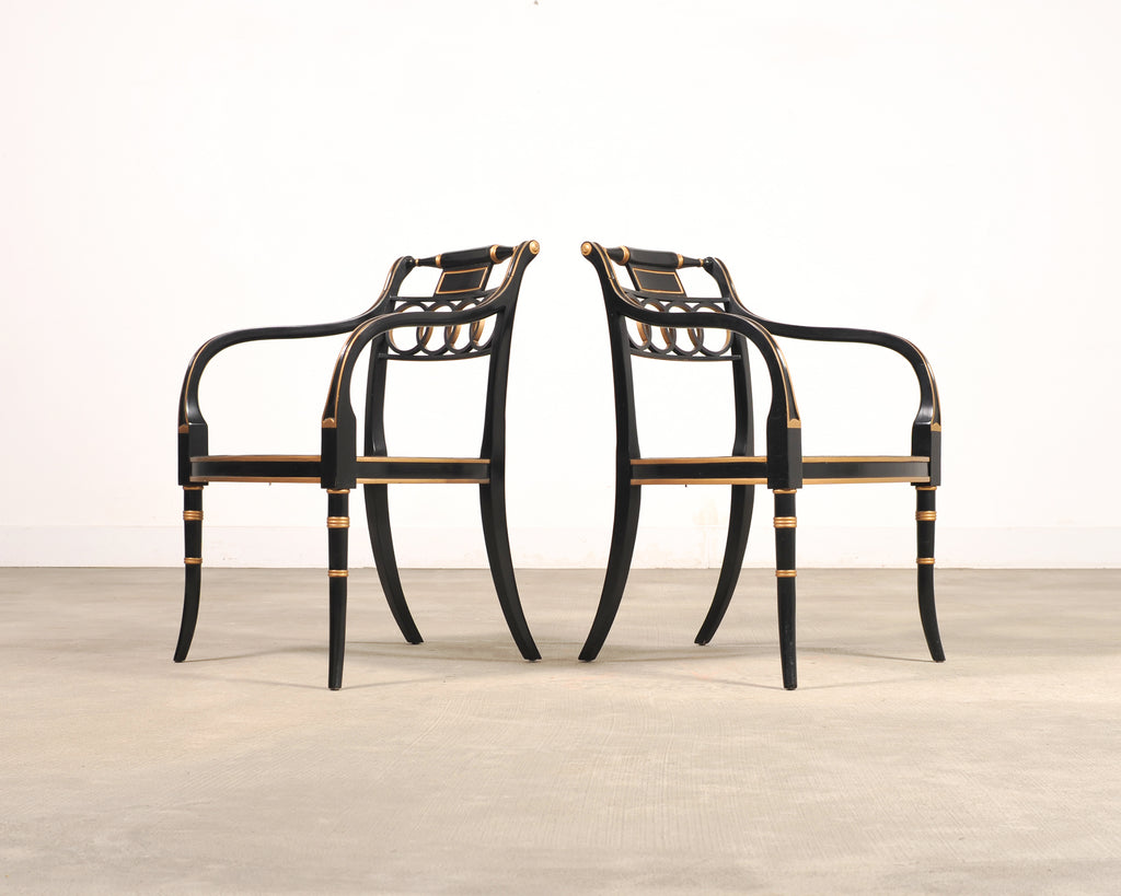 Set of Four Baker “Governor Alston” Cane Ebonized Dining Chairs