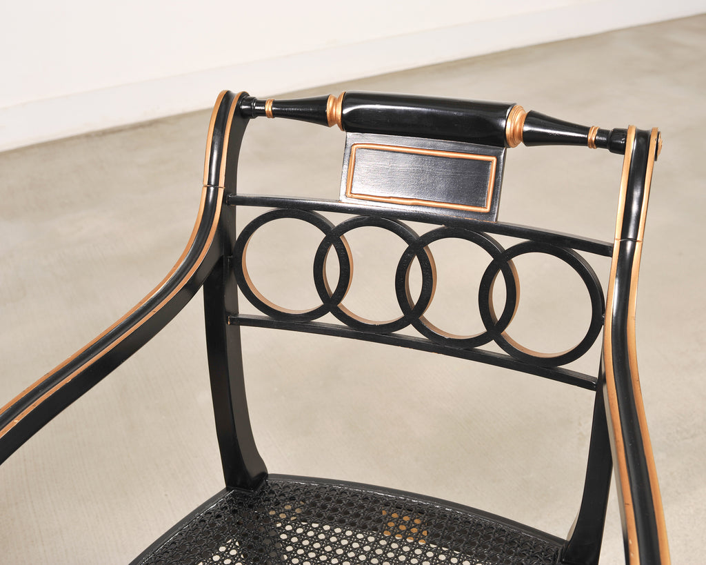 Set of Four Baker “Governor Alston” Cane Ebonized Dining Chairs