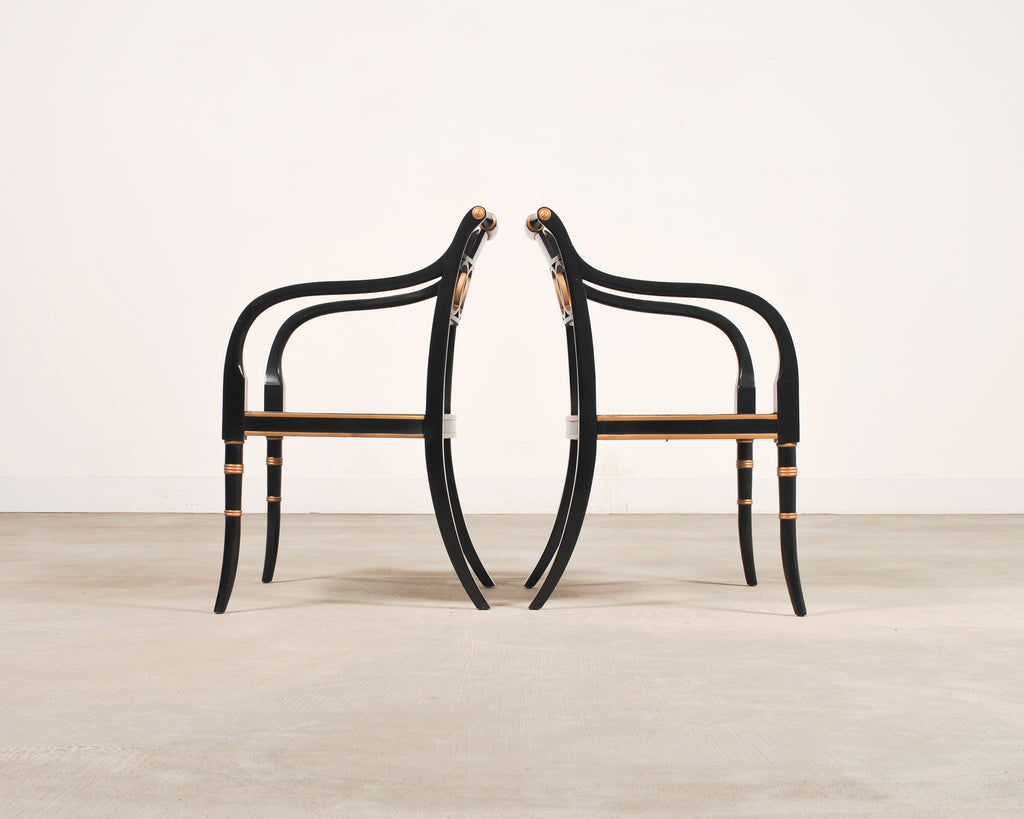 Set of Four Baker “Governor Alston” Cane Ebonized Dining Chairs