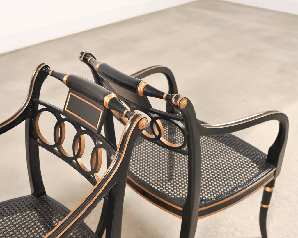 Set of Four Baker “Governor Alston” Cane Ebonized Dining Chairs