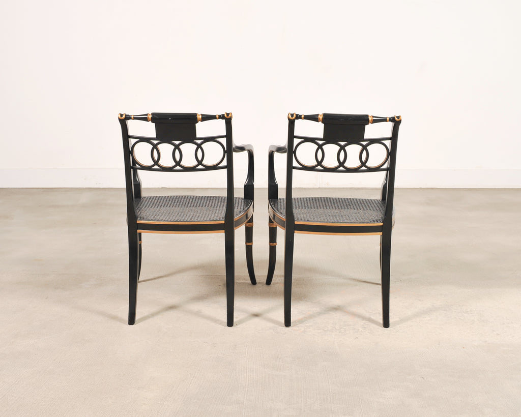 Set of Four Baker “Governor Alston” Cane Ebonized Dining Chairs