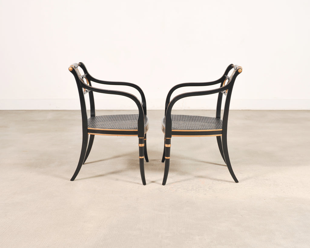 Set of Four Baker “Governor Alston” Cane Ebonized Dining Chairs