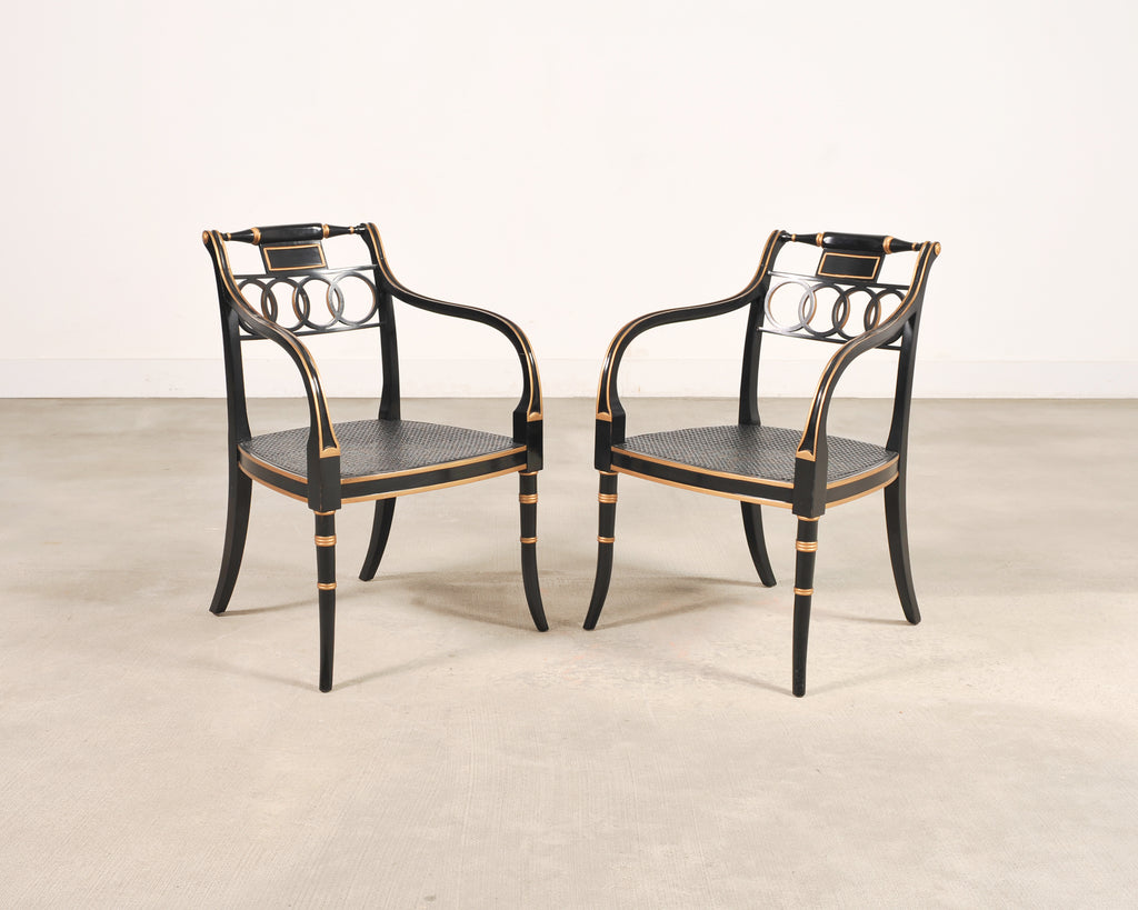 Set of Four Baker “Governor Alston” Cane Ebonized Dining Chairs