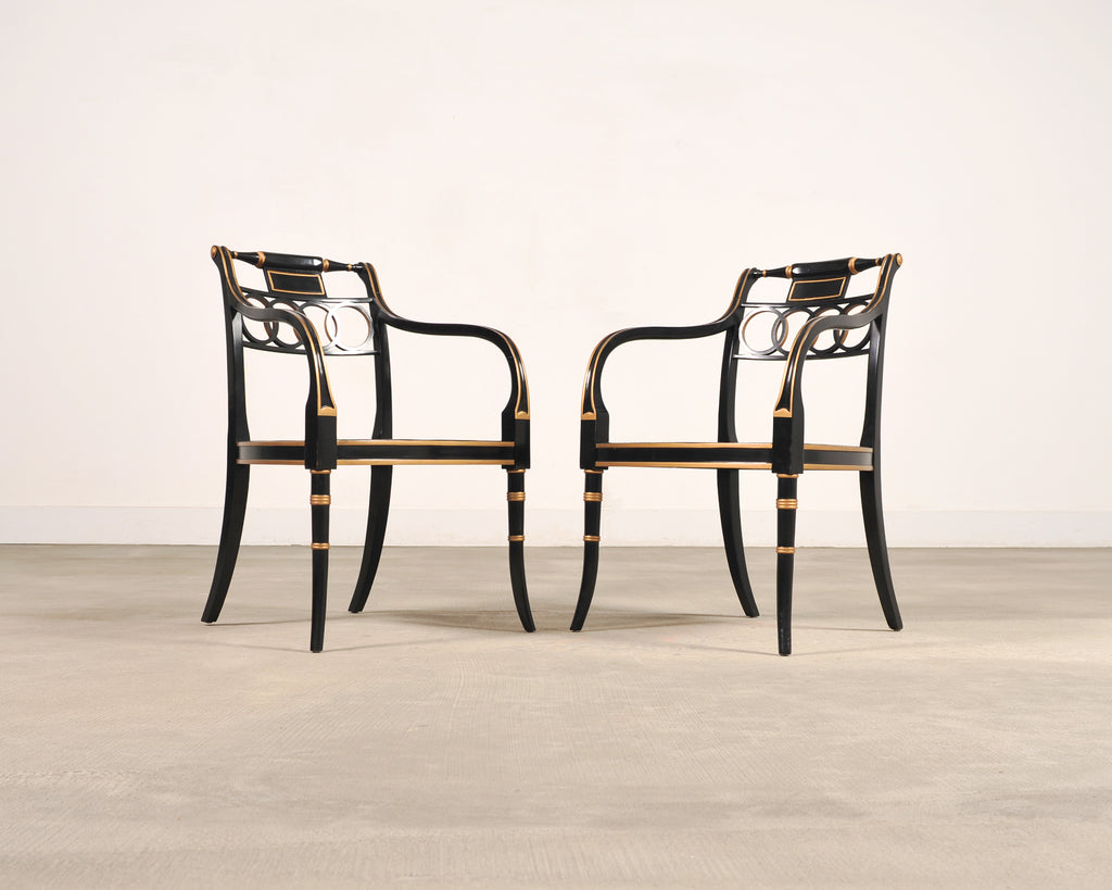 Set of Four Baker “Governor Alston” Cane Ebonized Dining Chairs