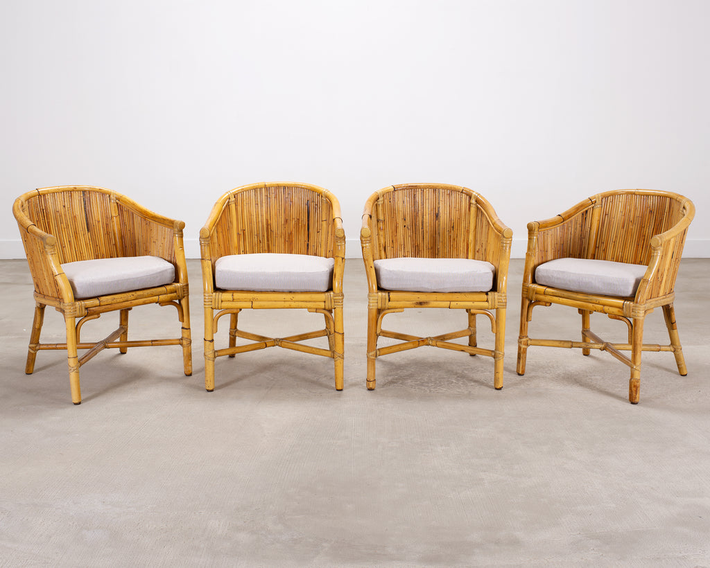 Set of Four McGuire Barrel Back Rattan Bamboo Dining Armchairs