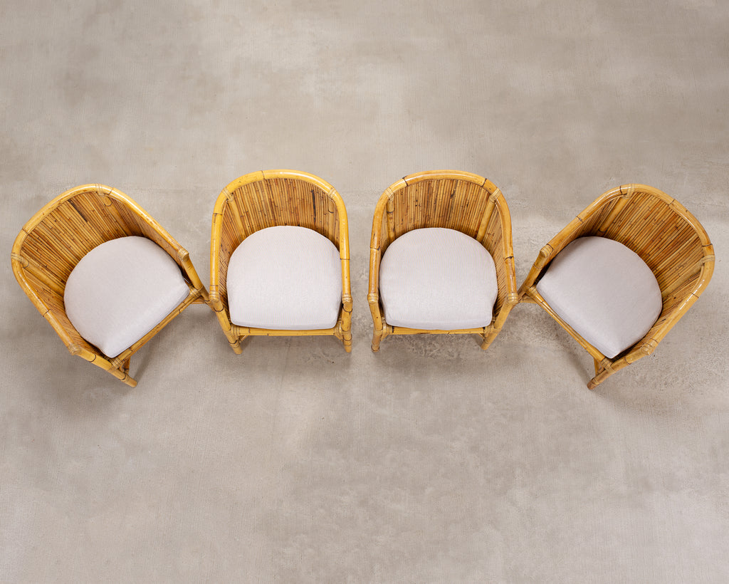 Set of Four McGuire Barrel Back Rattan Bamboo Dining Armchairs