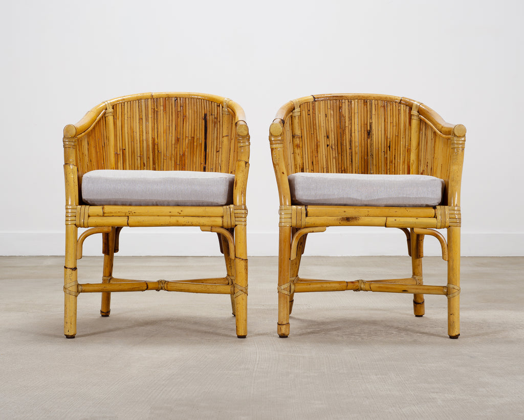 Set of Four McGuire Barrel Back Rattan Bamboo Dining Armchairs