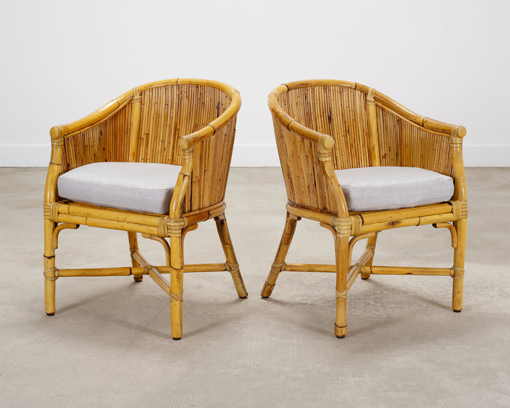 Set of Four McGuire Barrel Back Rattan Bamboo Dining Armchairs