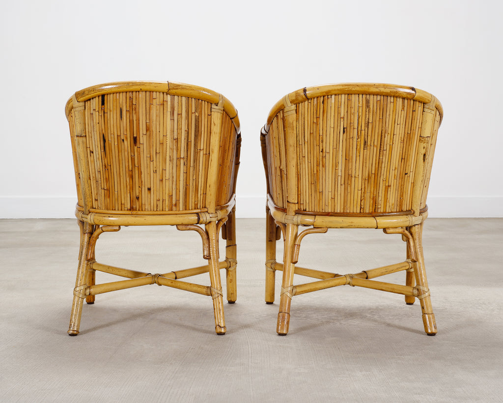 Set of Four McGuire Barrel Back Rattan Bamboo Dining Armchairs