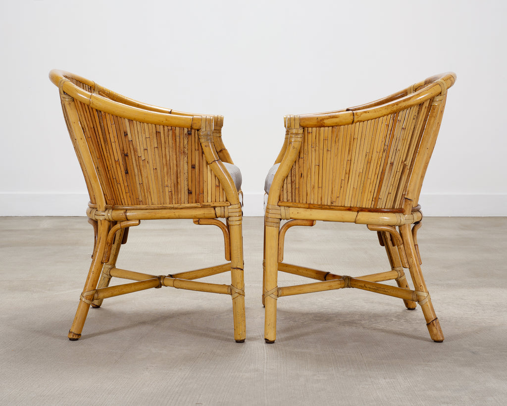 Set of Four McGuire Barrel Back Rattan Bamboo Dining Armchairs