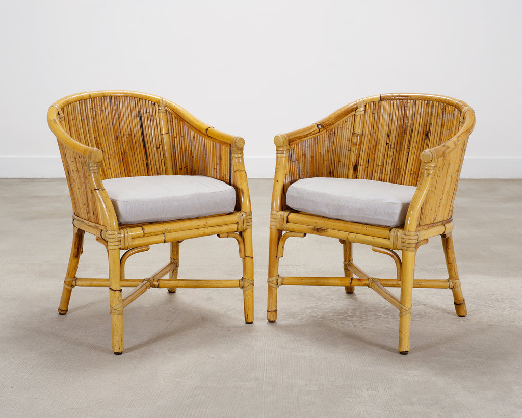 Set of Four McGuire Barrel Back Rattan Bamboo Dining Armchairs