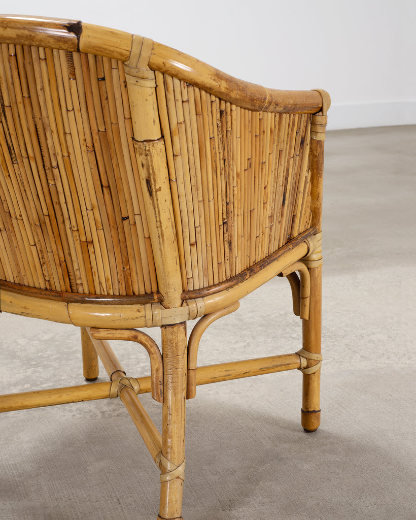 Set of Four McGuire Barrel Back Rattan Bamboo Dining Armchairs