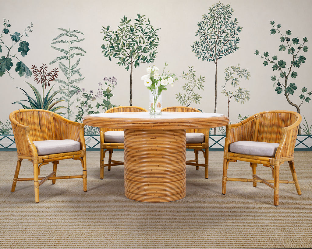 Set of Four McGuire Barrel Back Rattan Bamboo Dining Armchairs
